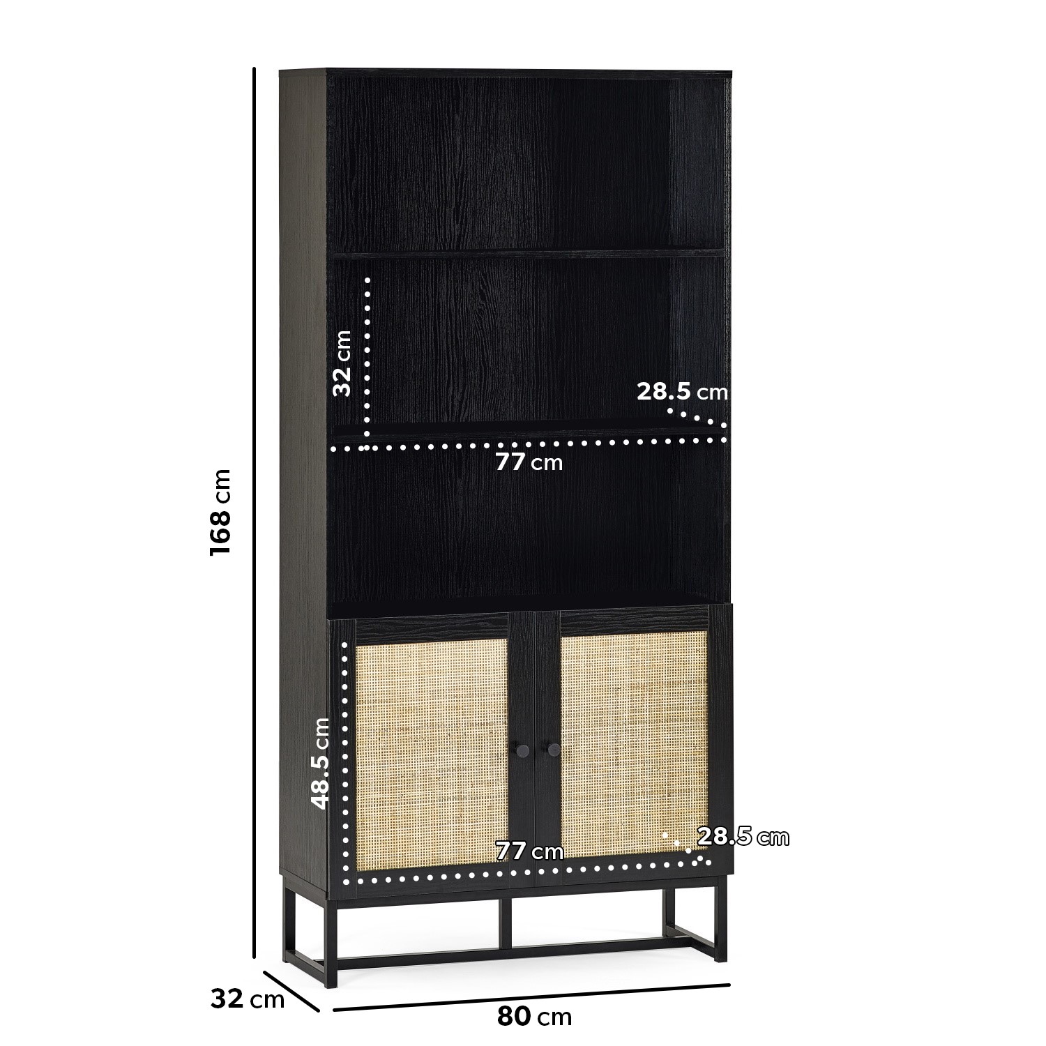 Read more about Tall black bookcase with rattan drawers 3 shelves padstow